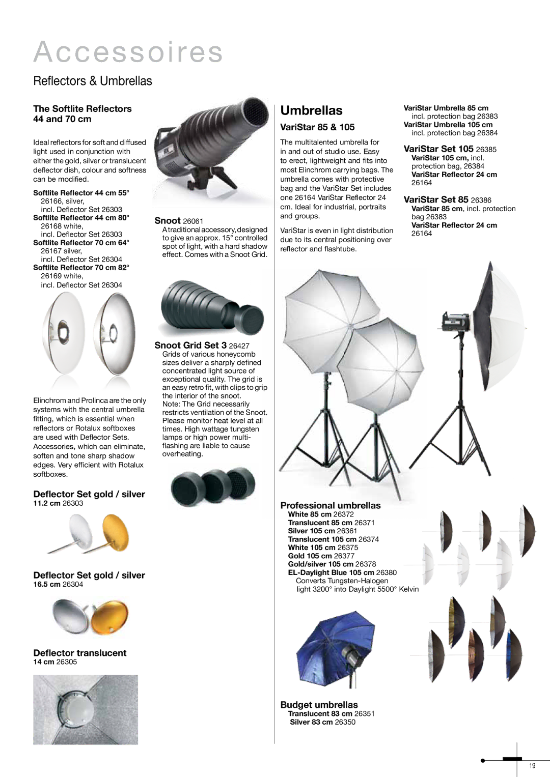 Elinchrom 300RX Softlite Reflectors 44 and 70 cm, Deflector Set gold / silver Snoot, VariStar 85, Professional umbrellas 