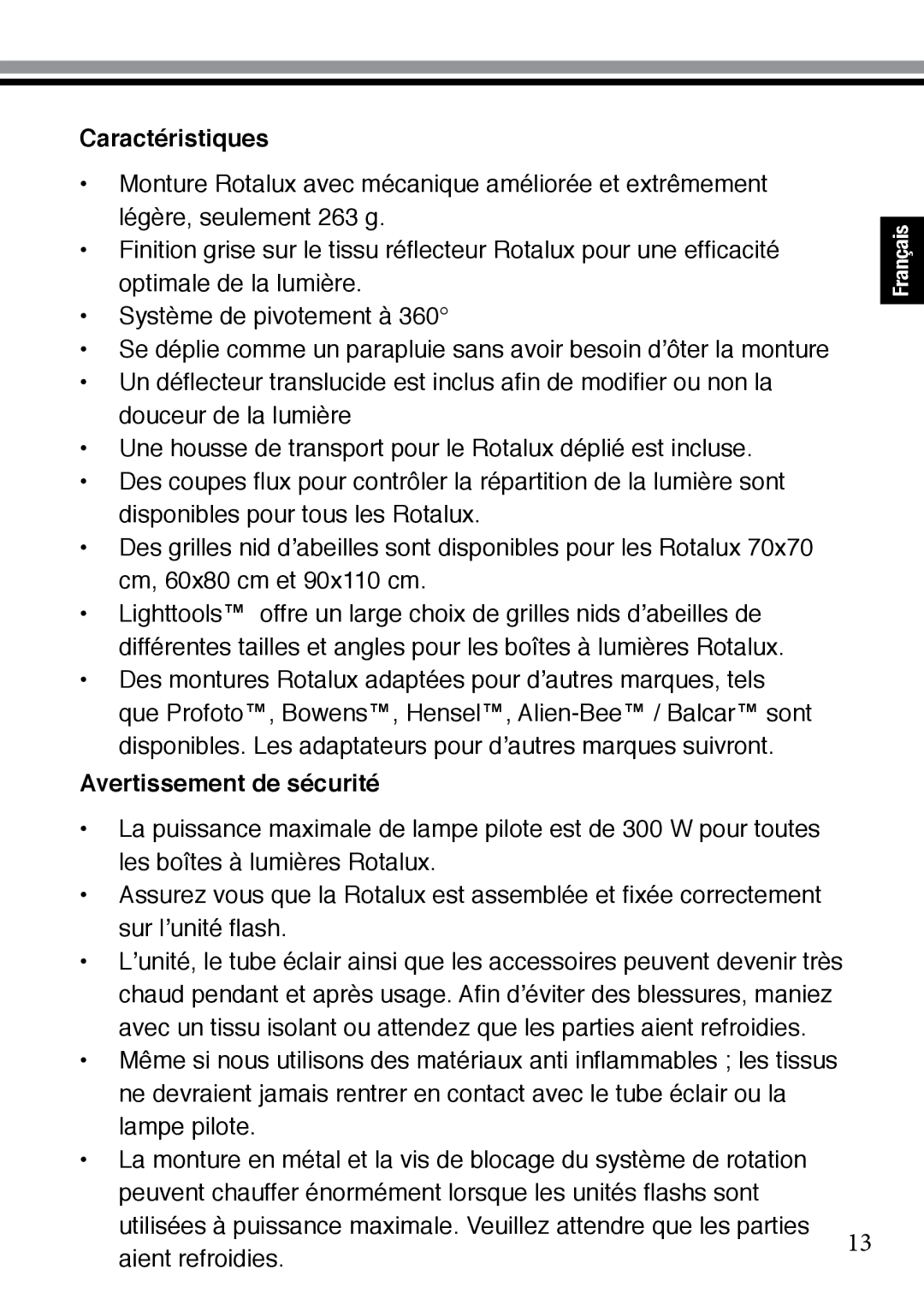 Elinchrom 73320 user manual Caractéristiques, Avertissement de sécurité 