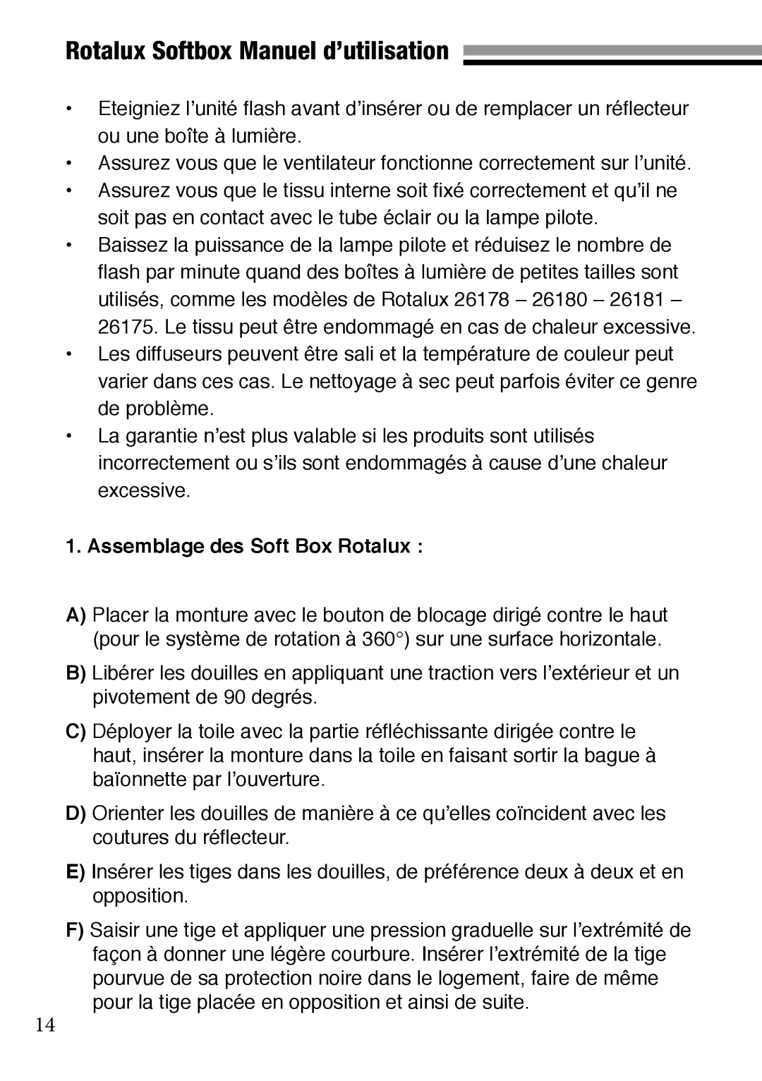 Elinchrom 73320 user manual Rotalux Softbox Manuel d’utilisation, Assemblage des Soft Box Rotalux 