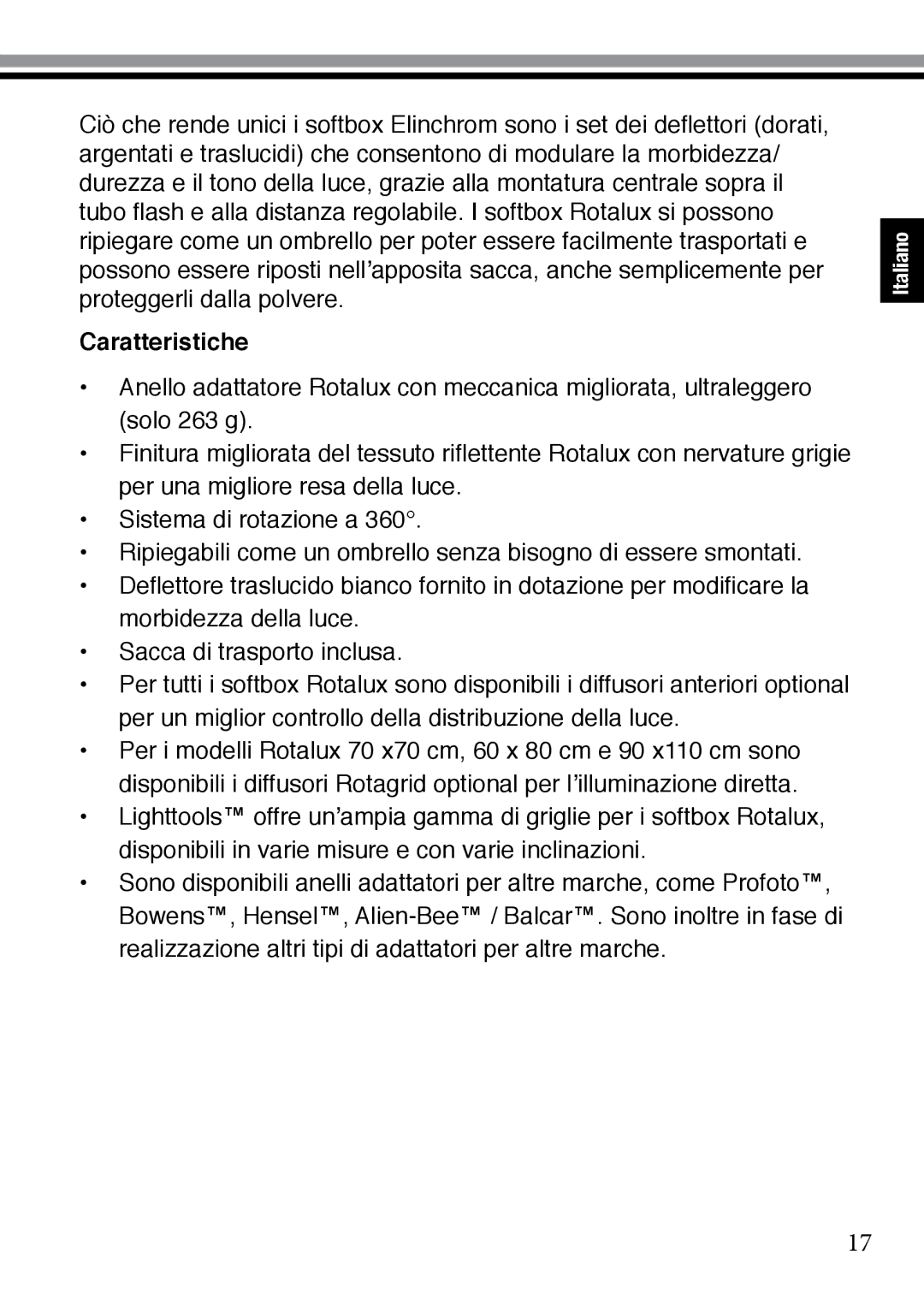 Elinchrom 73320 user manual Caratteristiche 