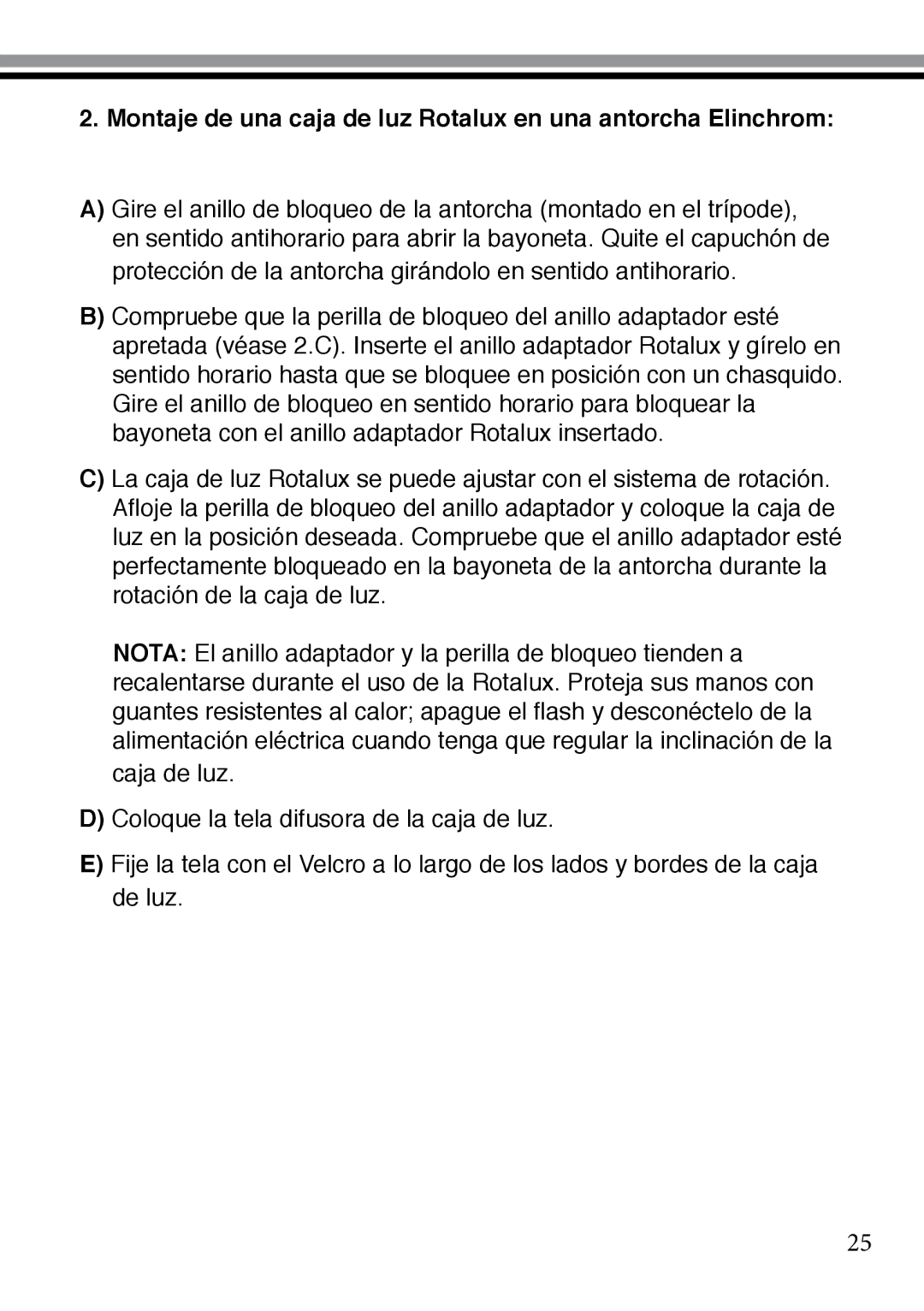 Elinchrom 73320 user manual Montaje de una caja de luz Rotalux en una antorcha Elinchrom 