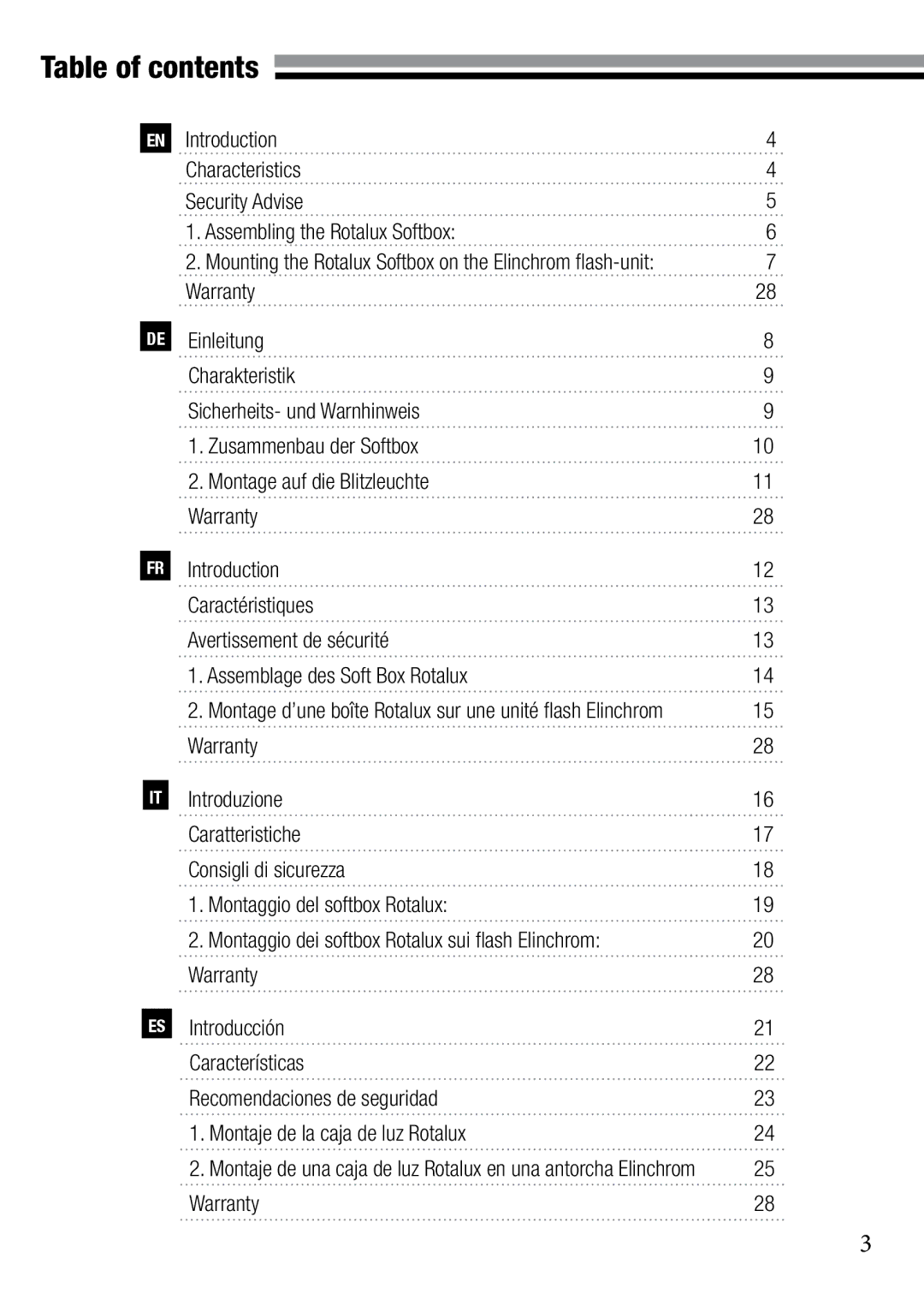 Elinchrom 73320 user manual Table of contents 