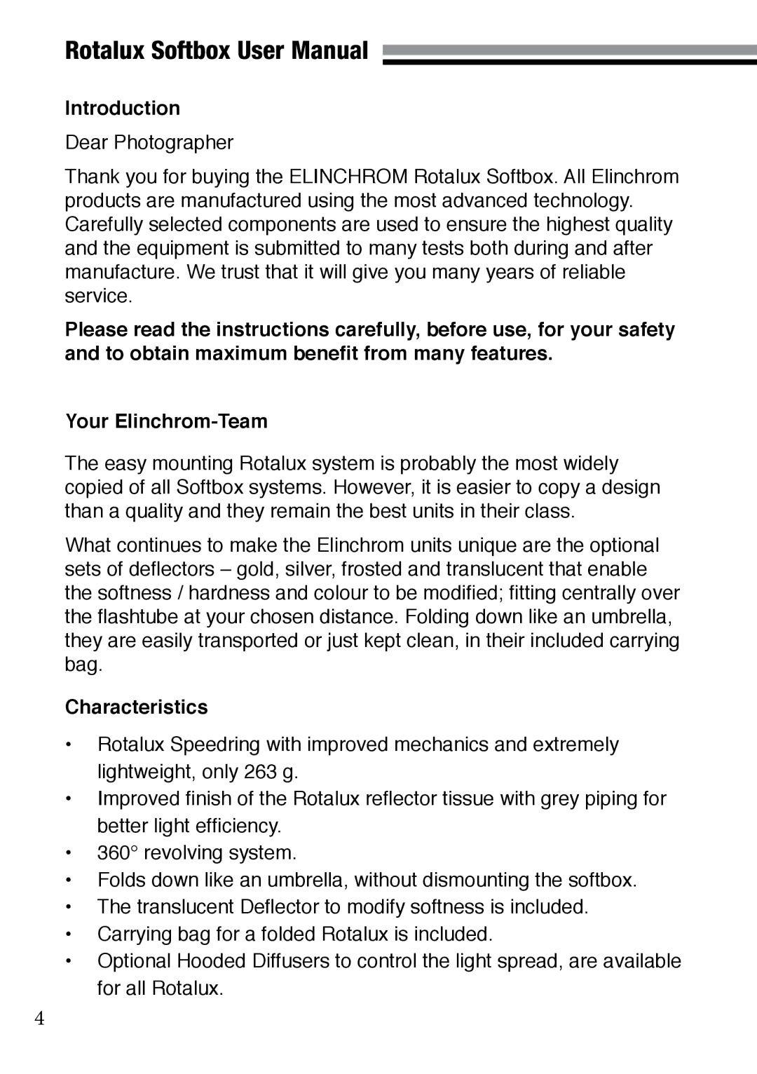 Elinchrom 73320 user manual Introduction, Characteristics 