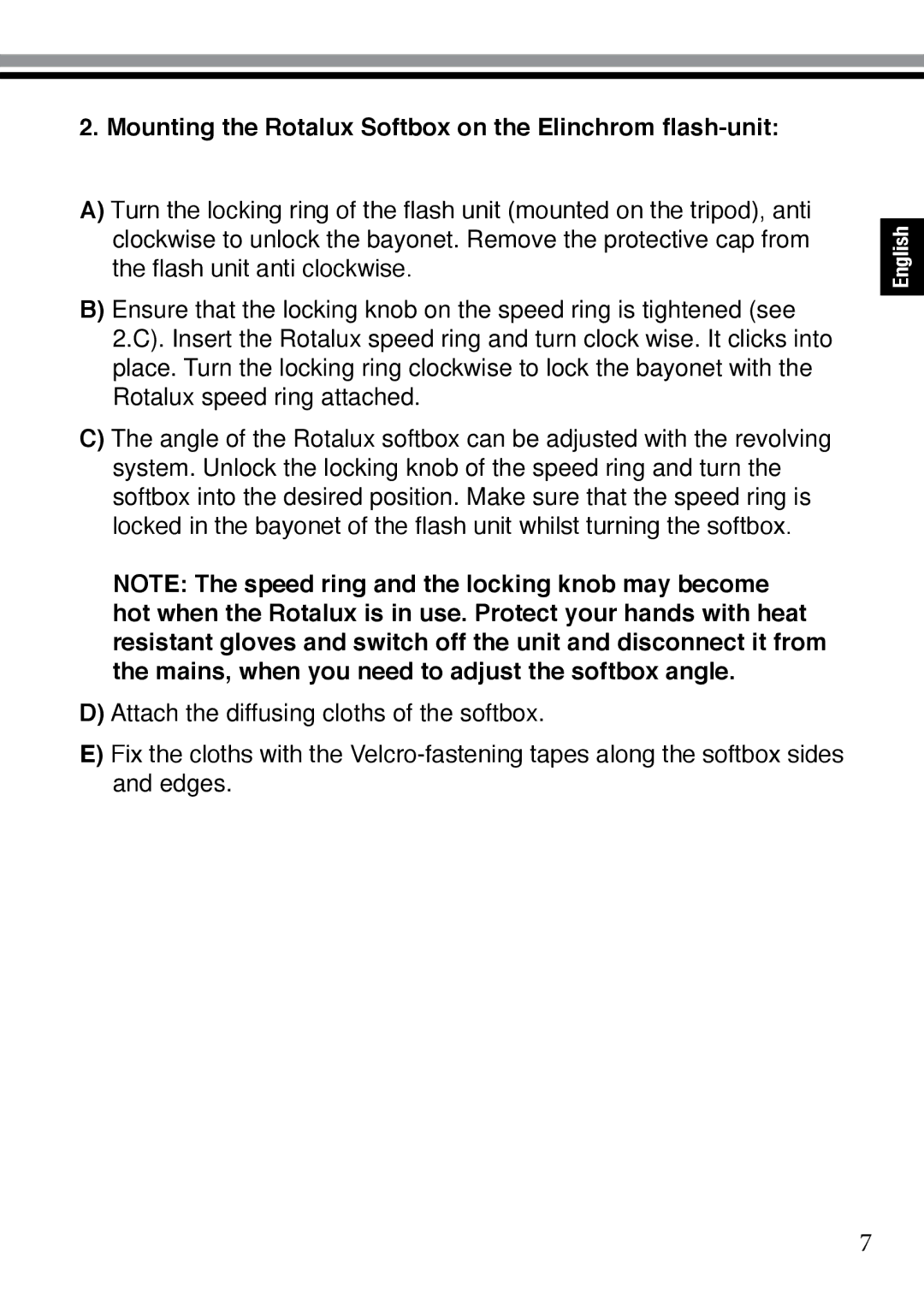 Elinchrom 73320 user manual Mounting the Rotalux Softbox on the Elinchrom flash-unit 