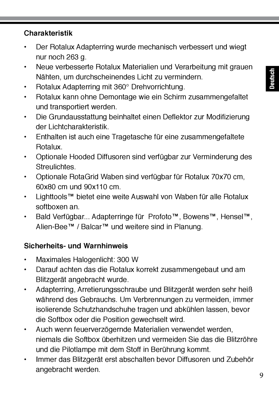 Elinchrom 73320 user manual Charakteristik, Sicherheits- und Warnhinweis 