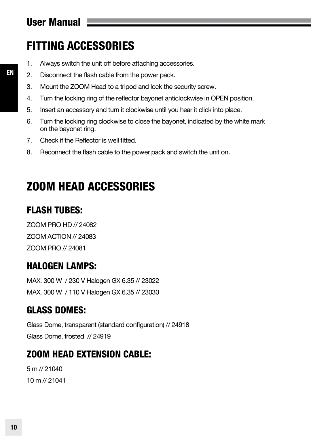 Elinchrom PRO - 20191, ACTION - 20193, PRO HD - 20192 user manual Fitting Accessories, Zoom Head Accessories 