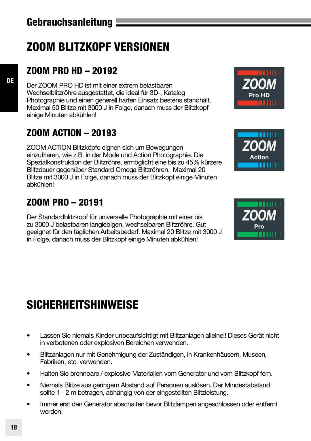 Elinchrom ACTION - 20193, PRO - 20191, PRO HD - 20192 user manual Zoom Blitzkopf Versionen, Sicherheitshinweise, Zoom PRO HD 