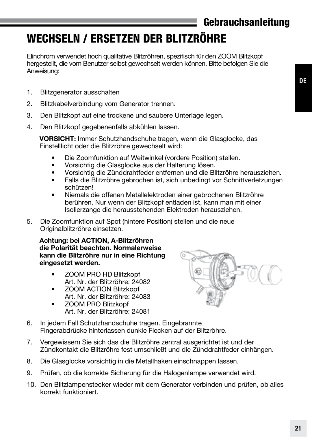 Elinchrom ACTION - 20193, PRO - 20191, PRO HD - 20192 user manual Wechseln / Ersetzen der Blitzröhre 