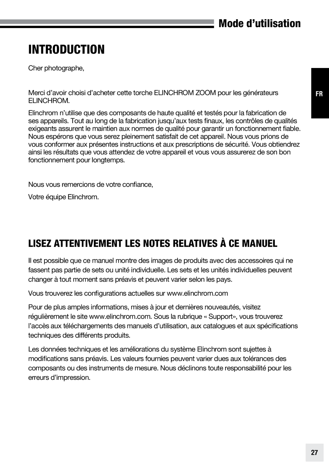 Elinchrom ACTION - 20193, PRO - 20191, PRO HD - 20192 Introduction, Lisez attentivement les notes relatives à ce manuel 