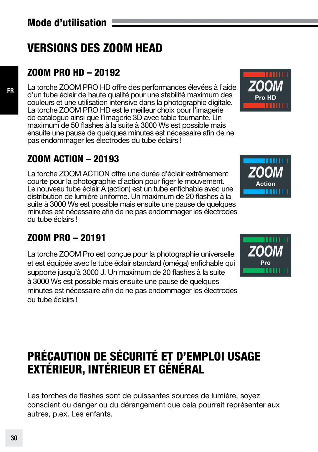 Elinchrom ACTION - 20193, PRO - 20191, PRO HD - 20192 user manual Versions des Zoom Head, Zoom PRO HD 