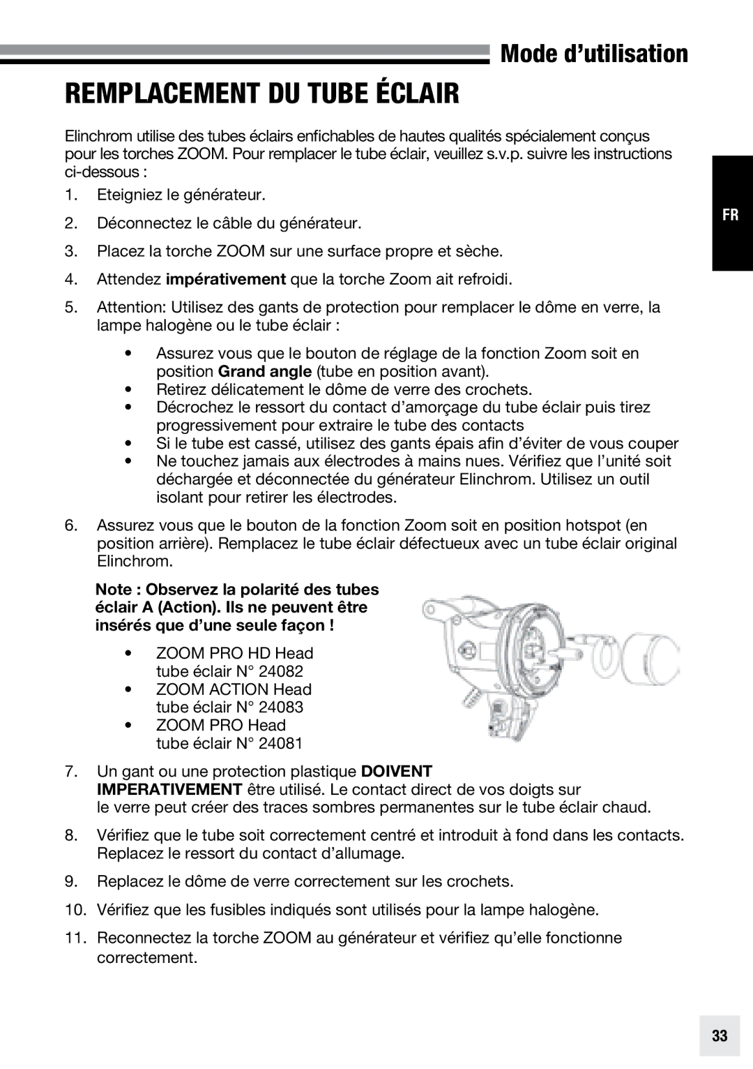 Elinchrom ACTION - 20193, PRO - 20191, PRO HD - 20192 user manual Remplacement du tube éclair 