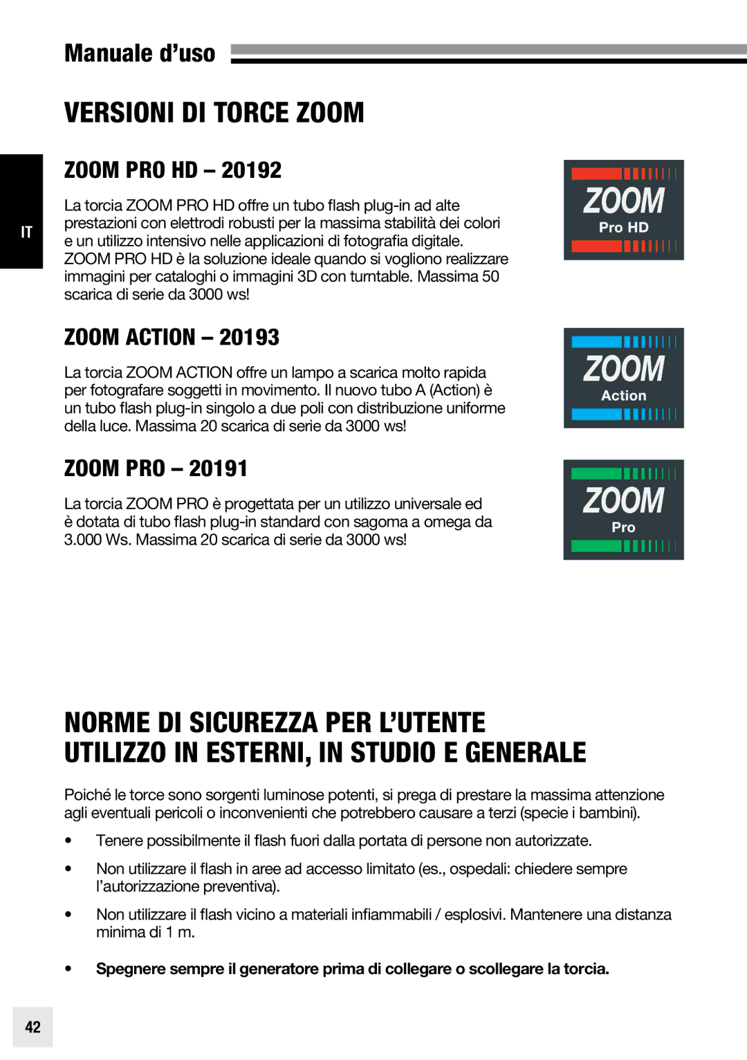 Elinchrom ACTION - 20193, PRO - 20191, PRO HD - 20192 user manual Versioni di torce Zoom, Zoom PRO HD 