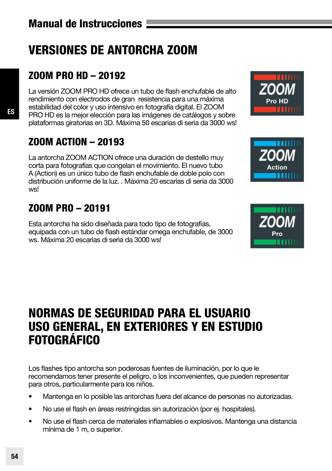 Elinchrom ACTION - 20193, PRO - 20191, PRO HD - 20192 user manual Versiones de antorcha Zoom, Zoom PRO HD 