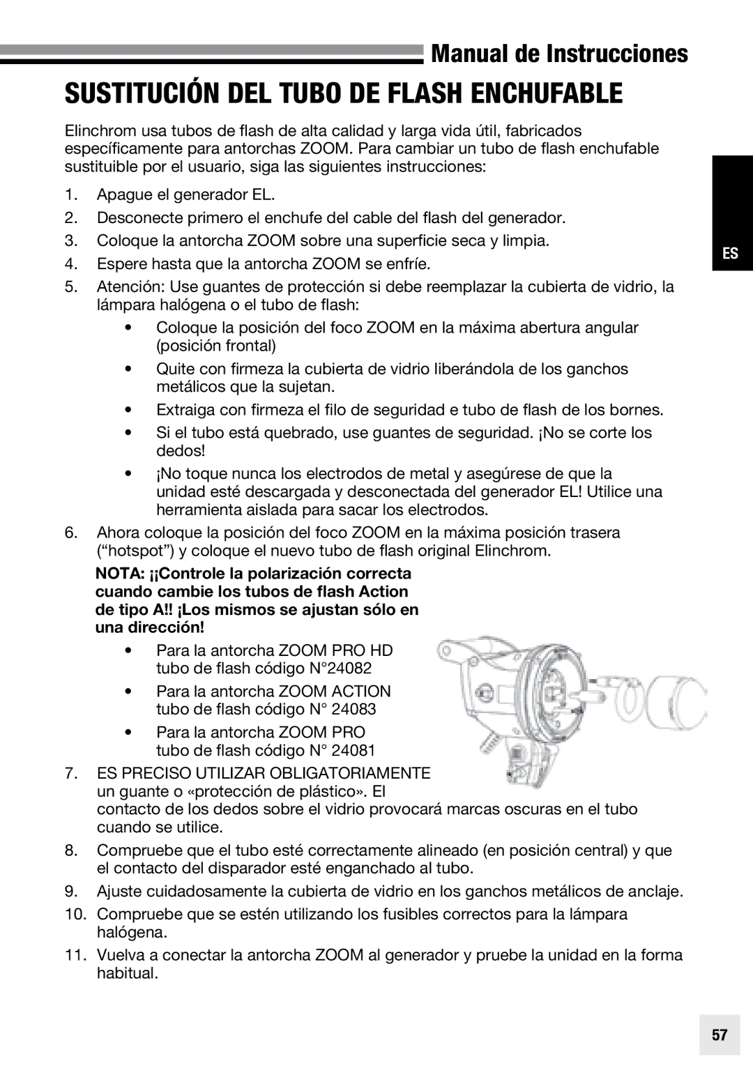 Elinchrom ACTION - 20193, PRO - 20191, PRO HD - 20192 user manual Sustitución del tubo de flash enchufable 