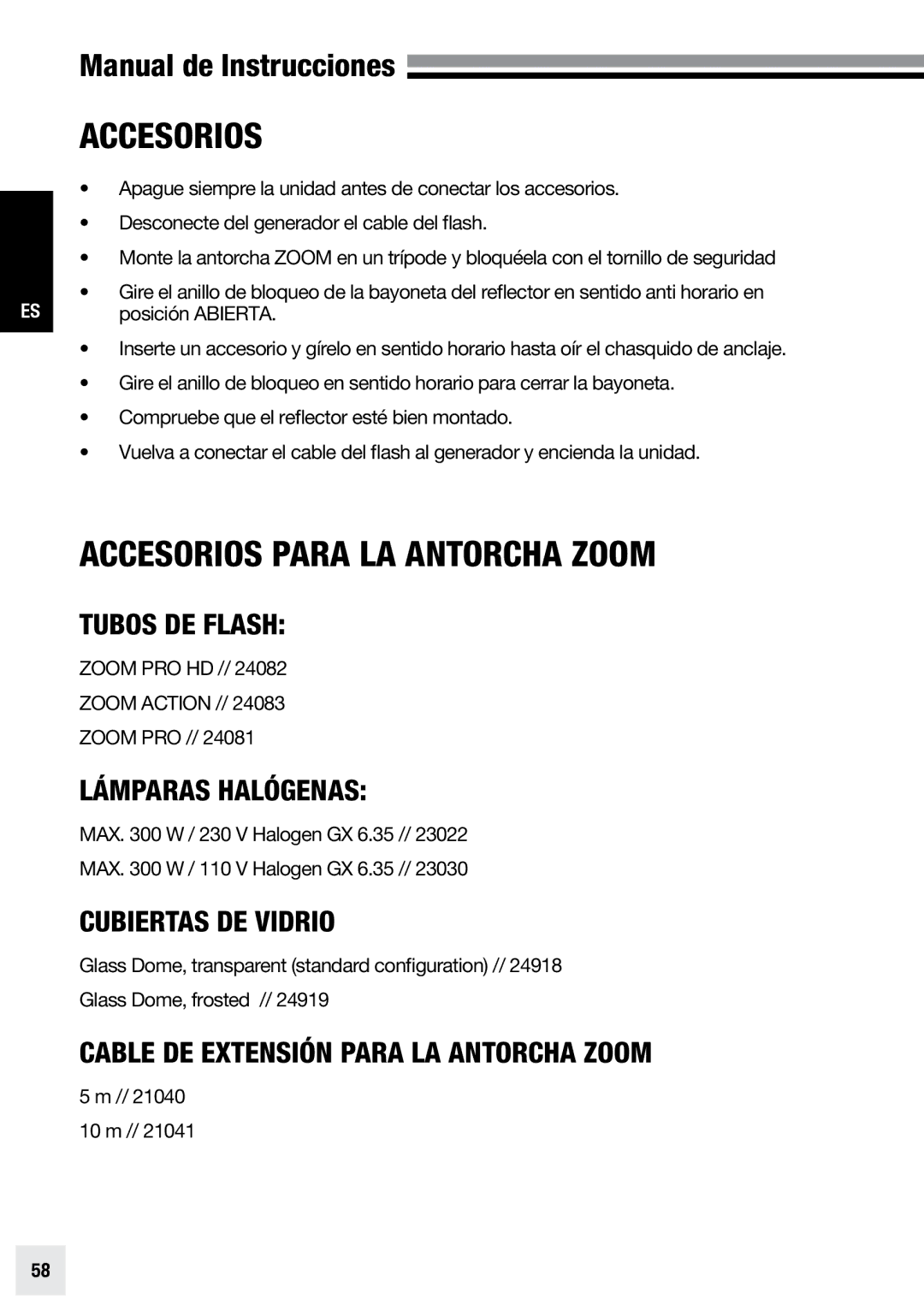 Elinchrom PRO - 20191, ACTION - 20193, PRO HD - 20192 user manual Accesorios para la antorcha Zoom 