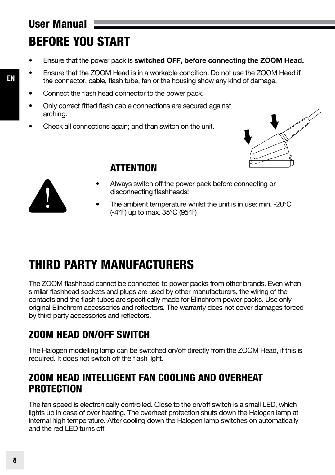 Elinchrom PRO HD - 20192, ACTION - 20193, PRO - 20191 Before You Start, Third Party Manufacturers, Zoom Head On/Off Switch 