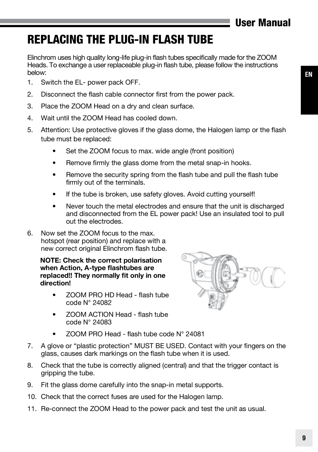 Elinchrom ACTION - 20193, PRO - 20191, PRO HD - 20192 user manual Replacing the Plug-In Flash Tube 