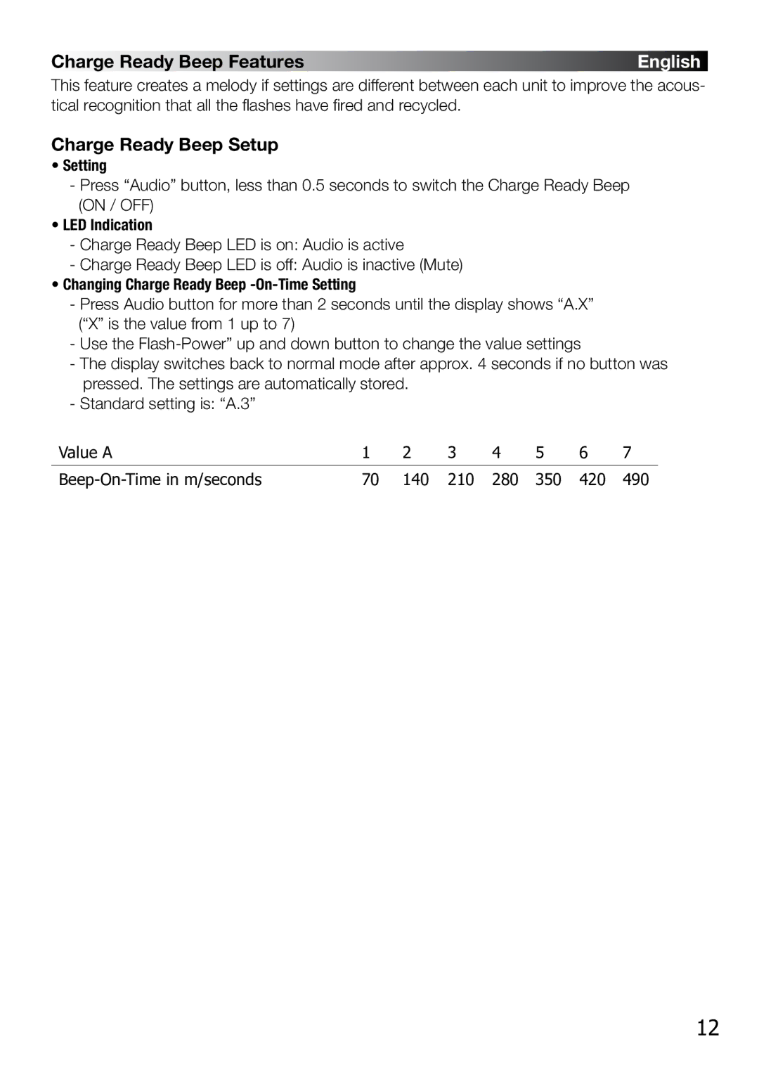 Elinchrom BX 250RI, BX 500RI operation manual Charge Ready Beep Features, Charge Ready Beep Setup 
