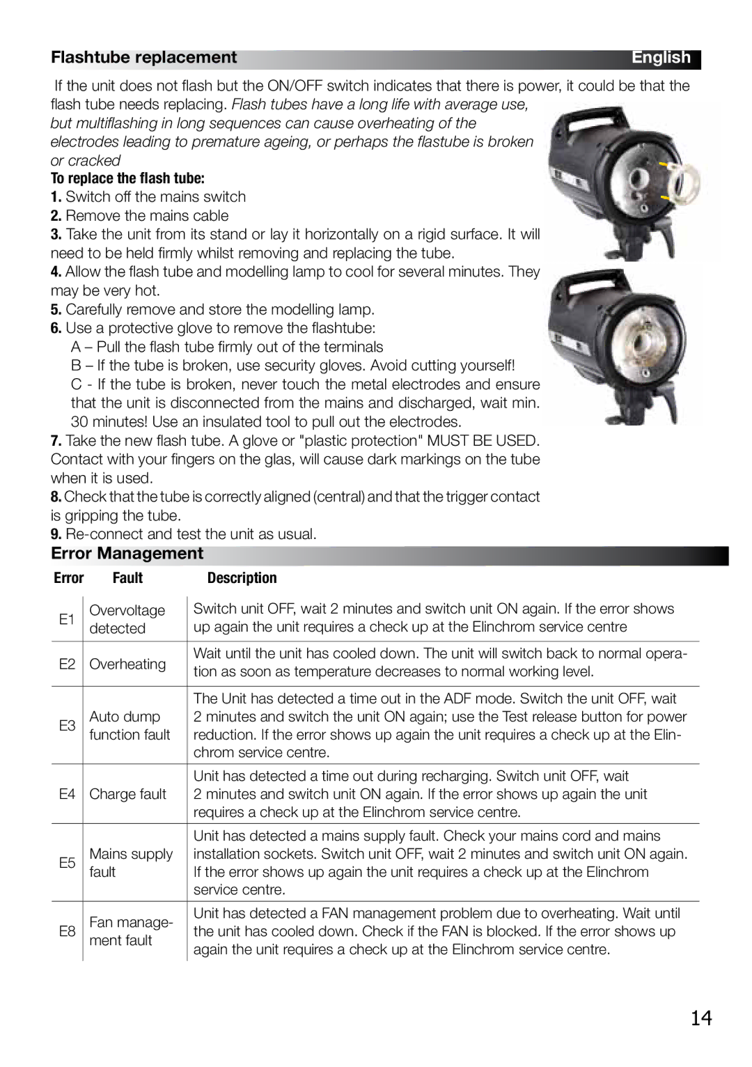 Elinchrom BX 250RI, BX 500RI operation manual Flashtube replacementEnglish, Error Management 