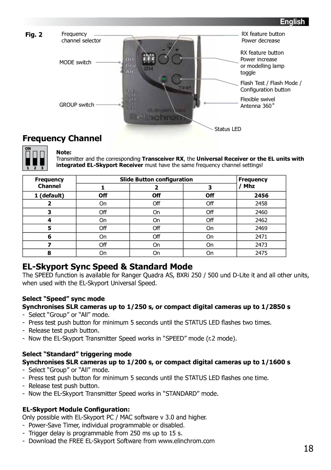 Elinchrom BX 250RI, BX 500RI operation manual Frequency Channel, EL-Skyport Sync Speed & Standard Mode 