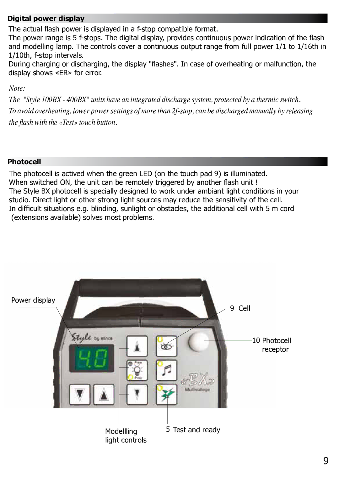 Elinchrom BX100 manual Digital power display, Photocell 