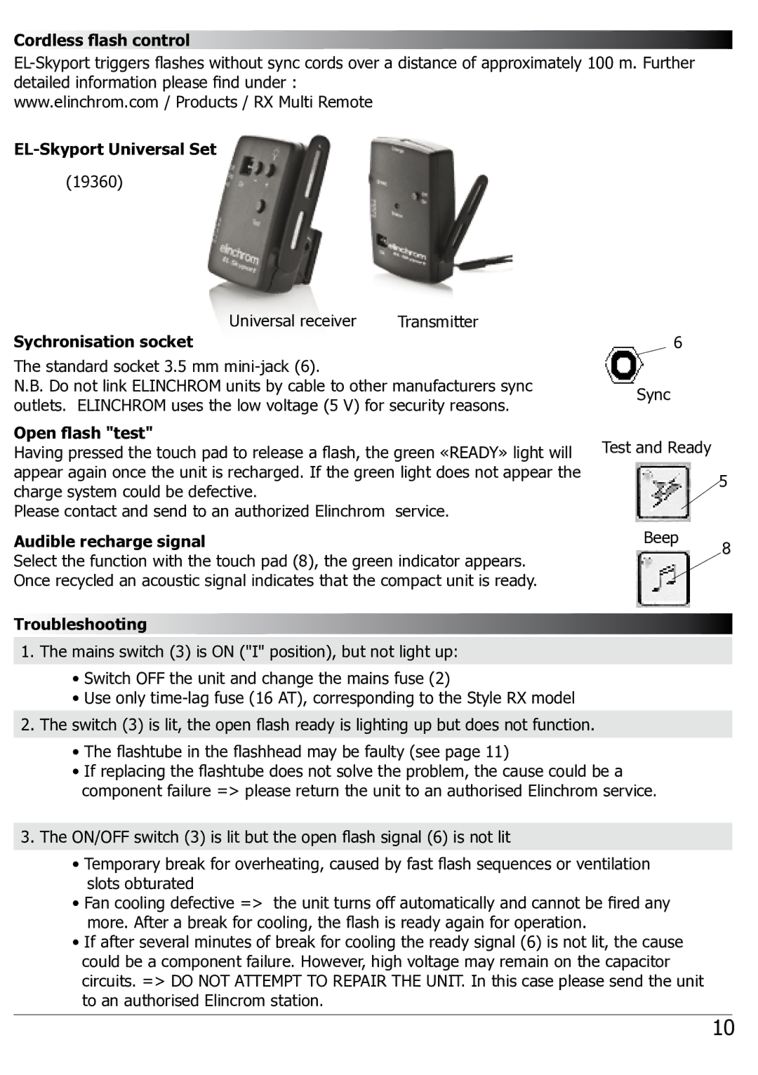 Elinchrom BX100 manual Cordless flash control, EL-Skyport Universal Set, Sychronisation socket, Open flash test 