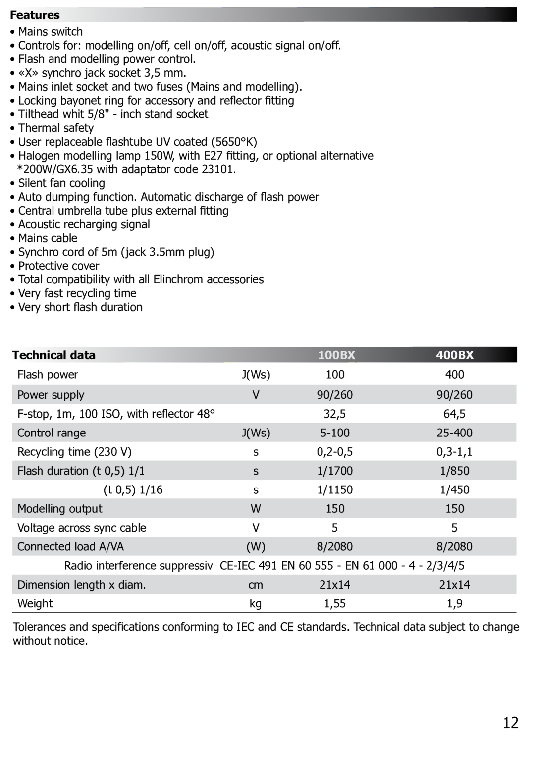 Elinchrom BX100 manual Features, Technical data 