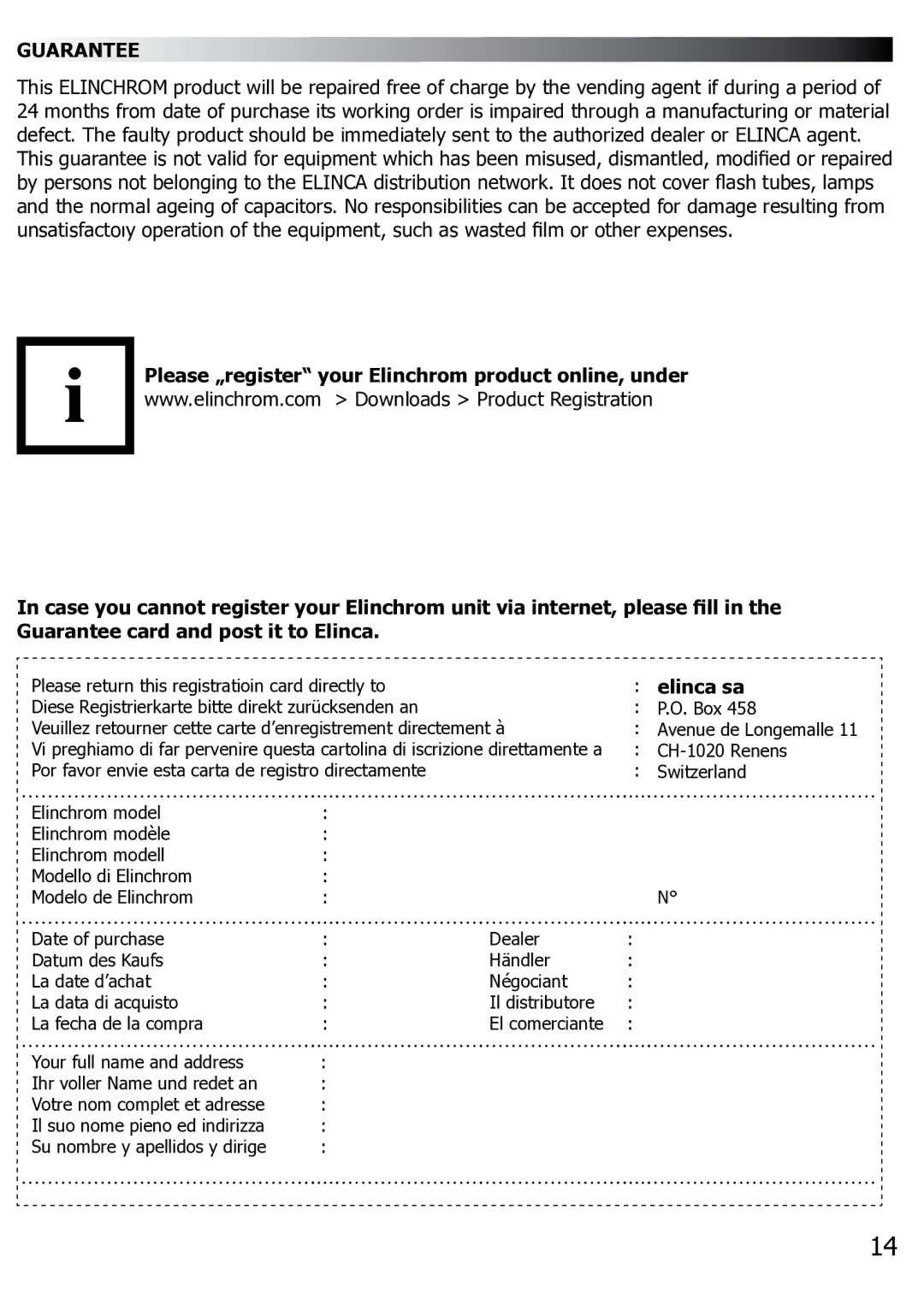 Elinchrom BX100 manual Guarantee, Elinca sa 