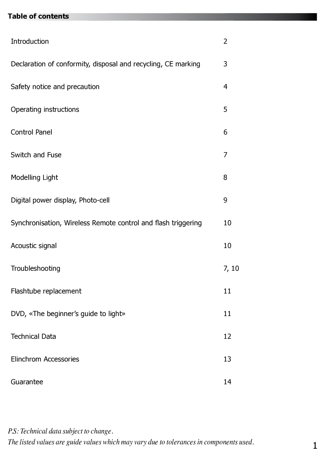 Elinchrom BX100 manual Technical data subject to change, Table of contents 