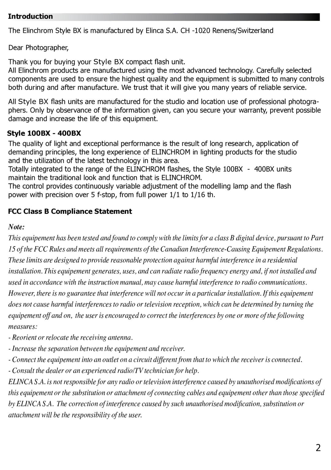 Elinchrom BX100 manual Introduction, Style 100BX 400BX, FCC Class B Compliance Statement 