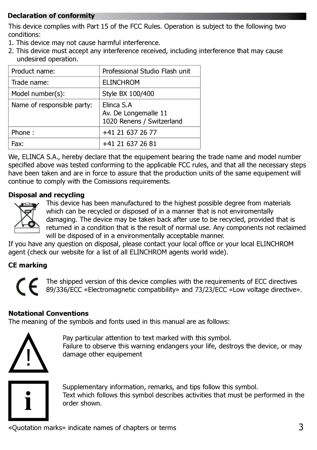 Elinchrom BX100 manual Declaration of conformity, Disposal and recycling, CE marking, Notational Conventions 