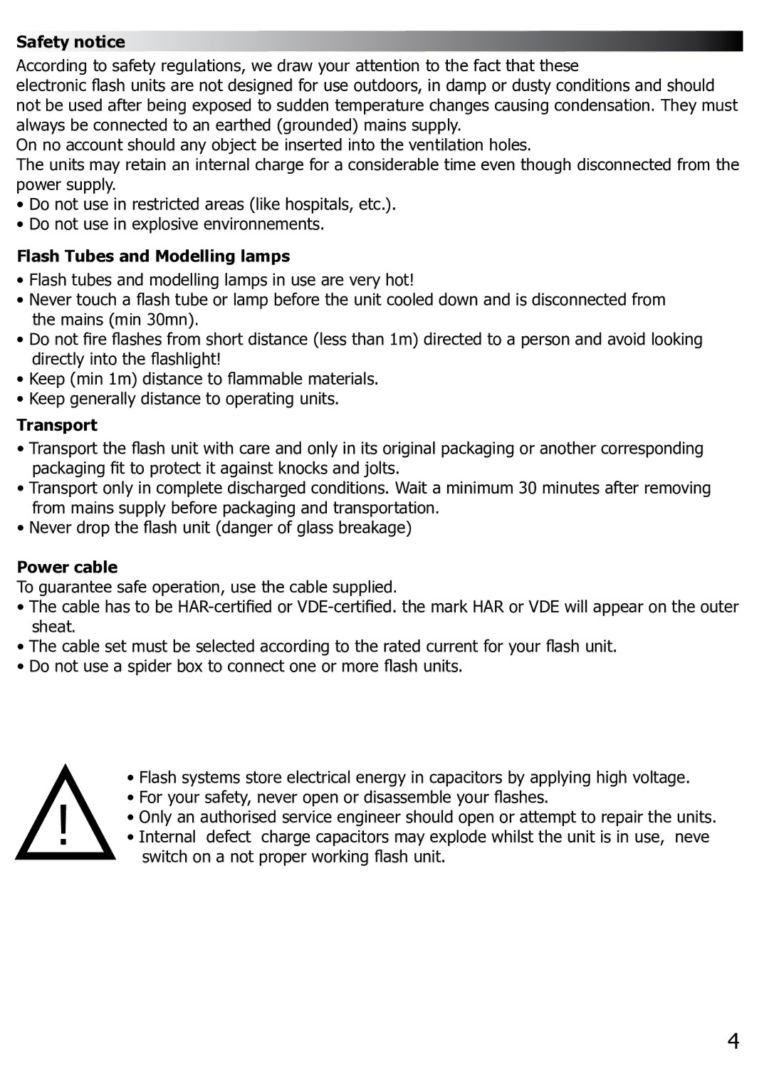 Elinchrom BX100 manual Safety notice, Flash Tubes and Modelling lamps, Transport, Power cable 