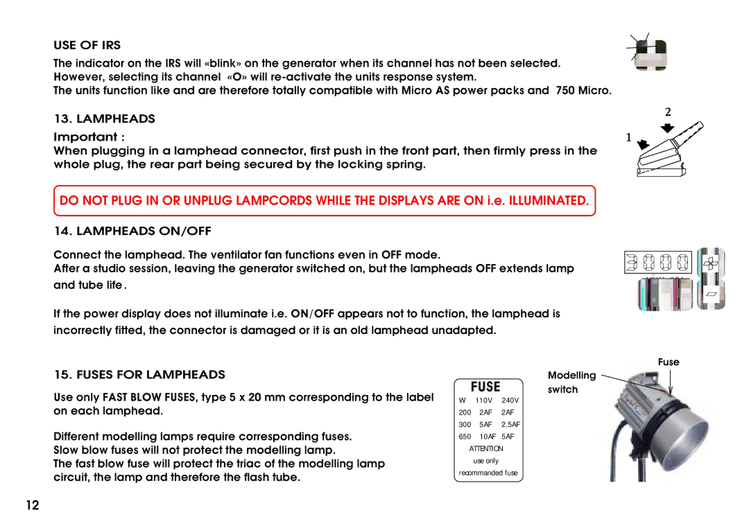 Elinchrom Digital 3000 AS manual Lampheads ON/OFF, Fuses for Lampheads 