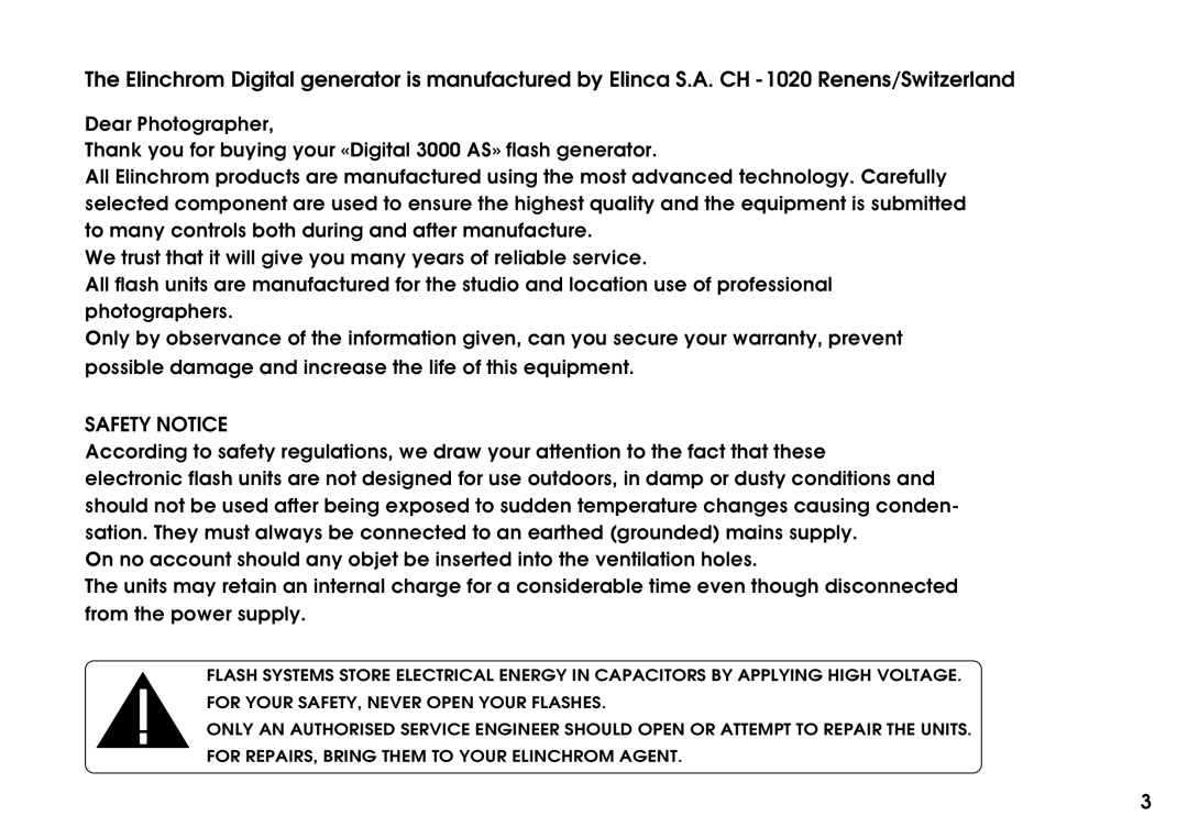 Elinchrom Digital 3000 AS manual Safety Notice 