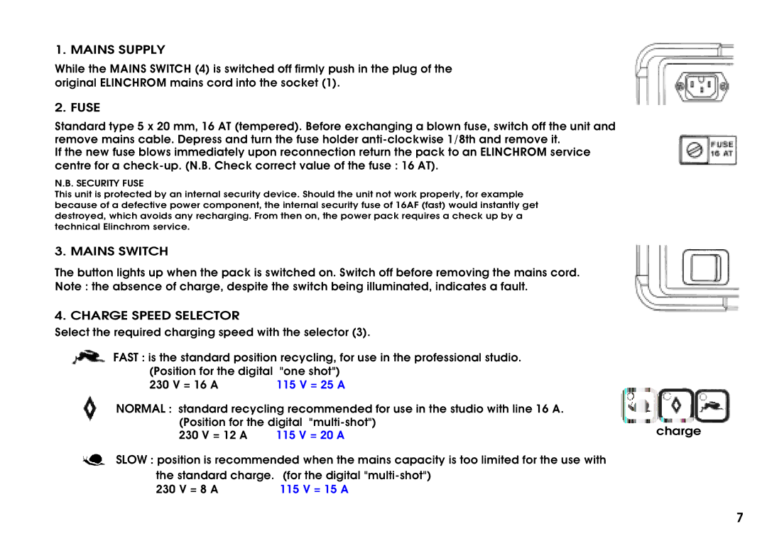 Elinchrom Digital 3000 AS manual Mains Supply, Fuse, Mains Switch, Charge Speed Selector 