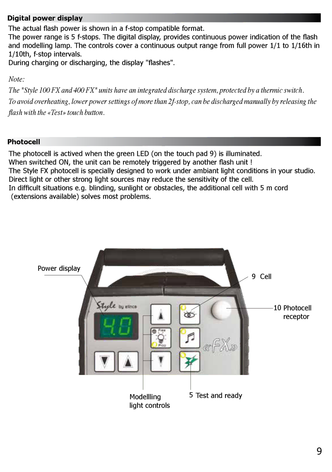 Elinchrom FX 100, 400 manual Digital power display, Photocell 