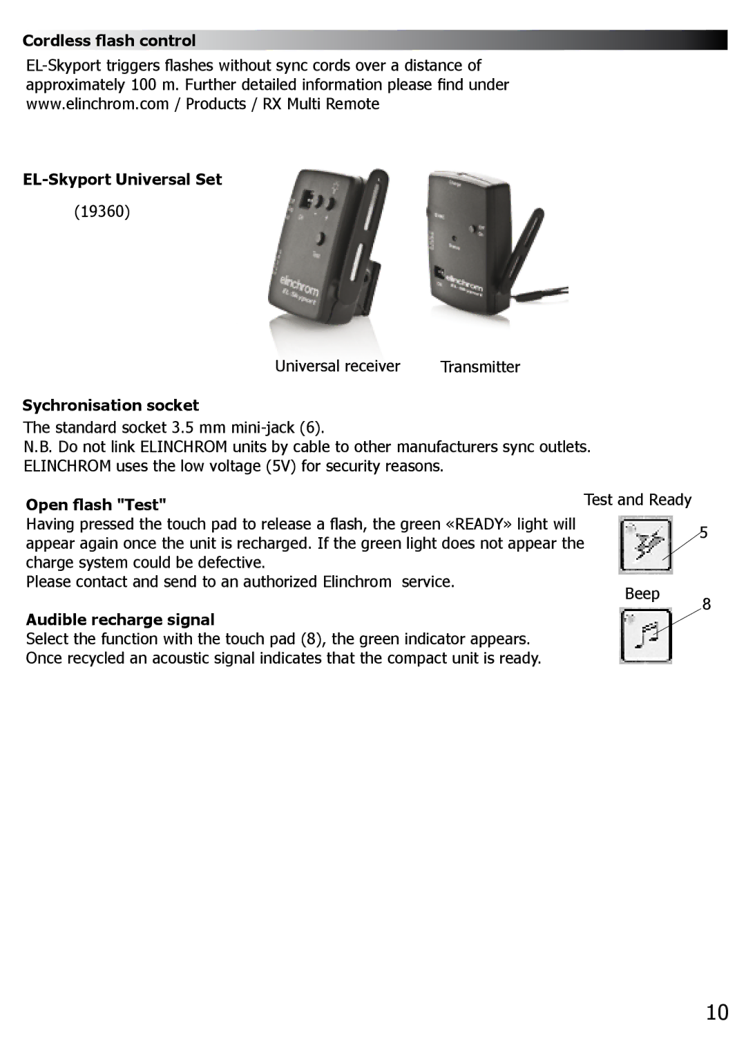 Elinchrom 400 manual Cordless flash control EL-Skyport Universal Set, Sychronisation socket, Open flash TestTest and Ready 