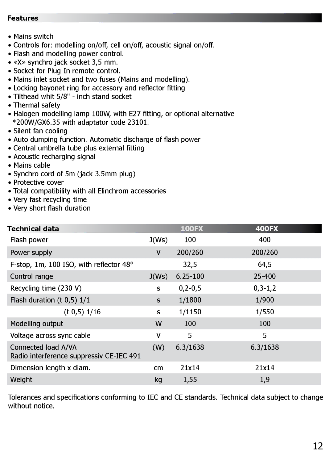 Elinchrom 400, FX 100 manual Features, Technical data 