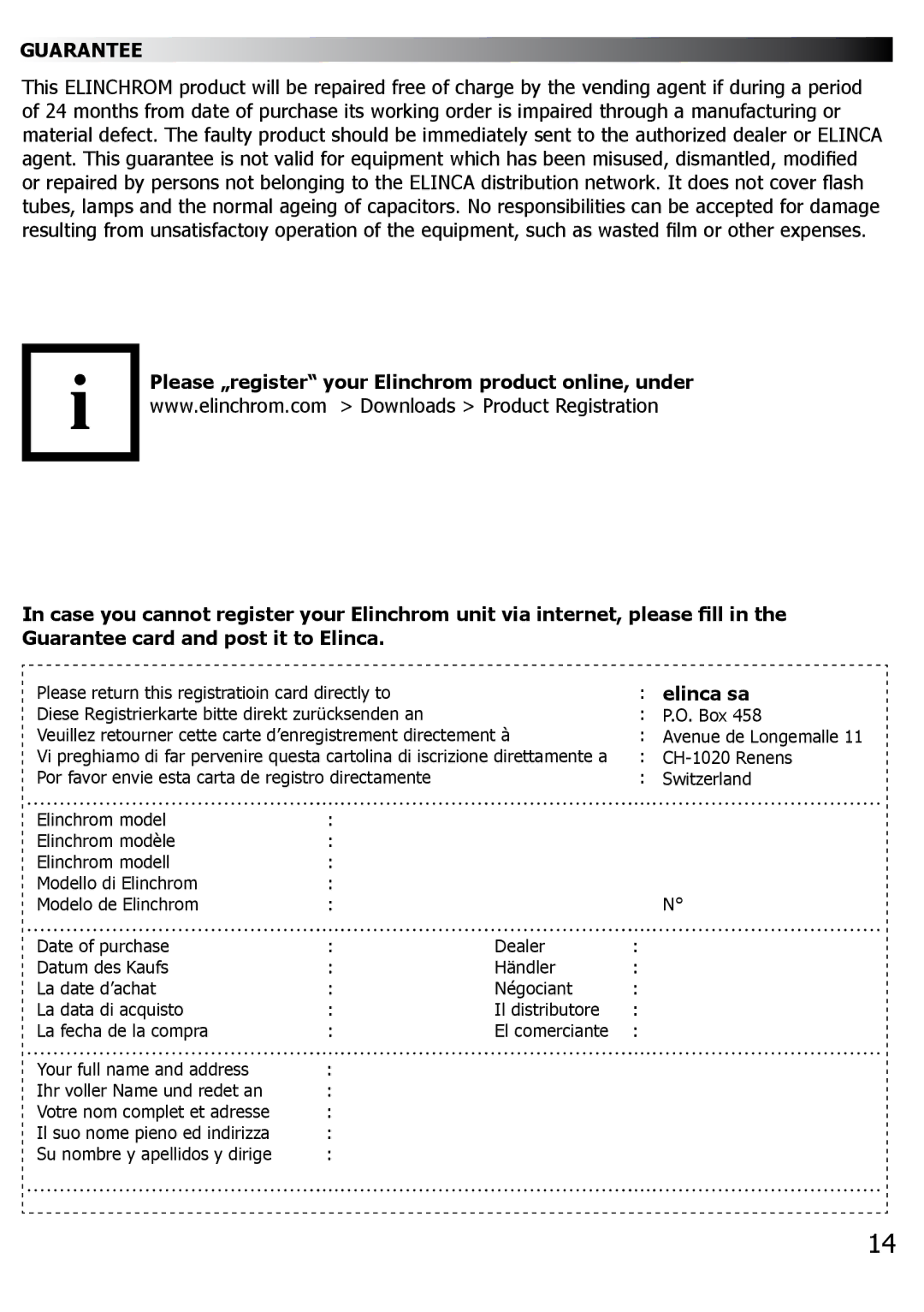 Elinchrom 400, FX 100 manual Guarantee, Elinca sa 