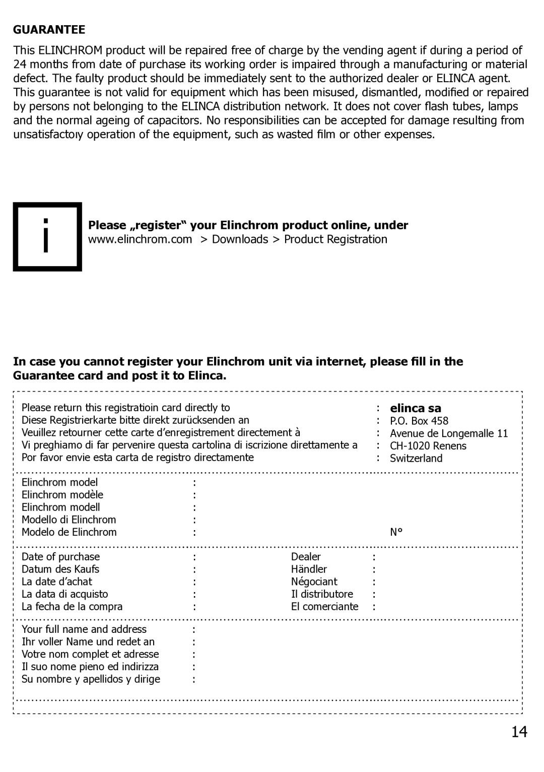 Elinchrom Ranger RX manual Guarantee, Elinca sa 