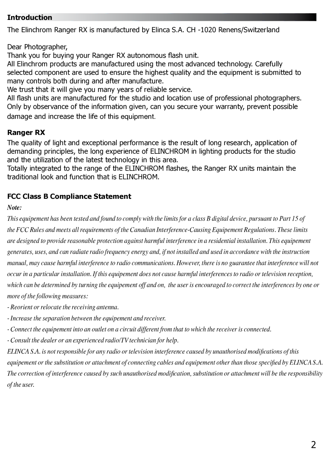 Elinchrom Ranger RX manual Introduction, FCC Class B Compliance Statement 