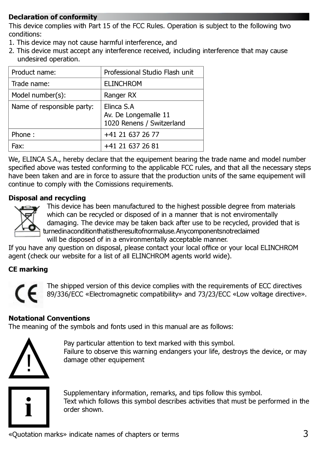 Elinchrom Ranger RX manual Declaration of conformity, Disposal and recycling, CE marking, Notational Conventions 