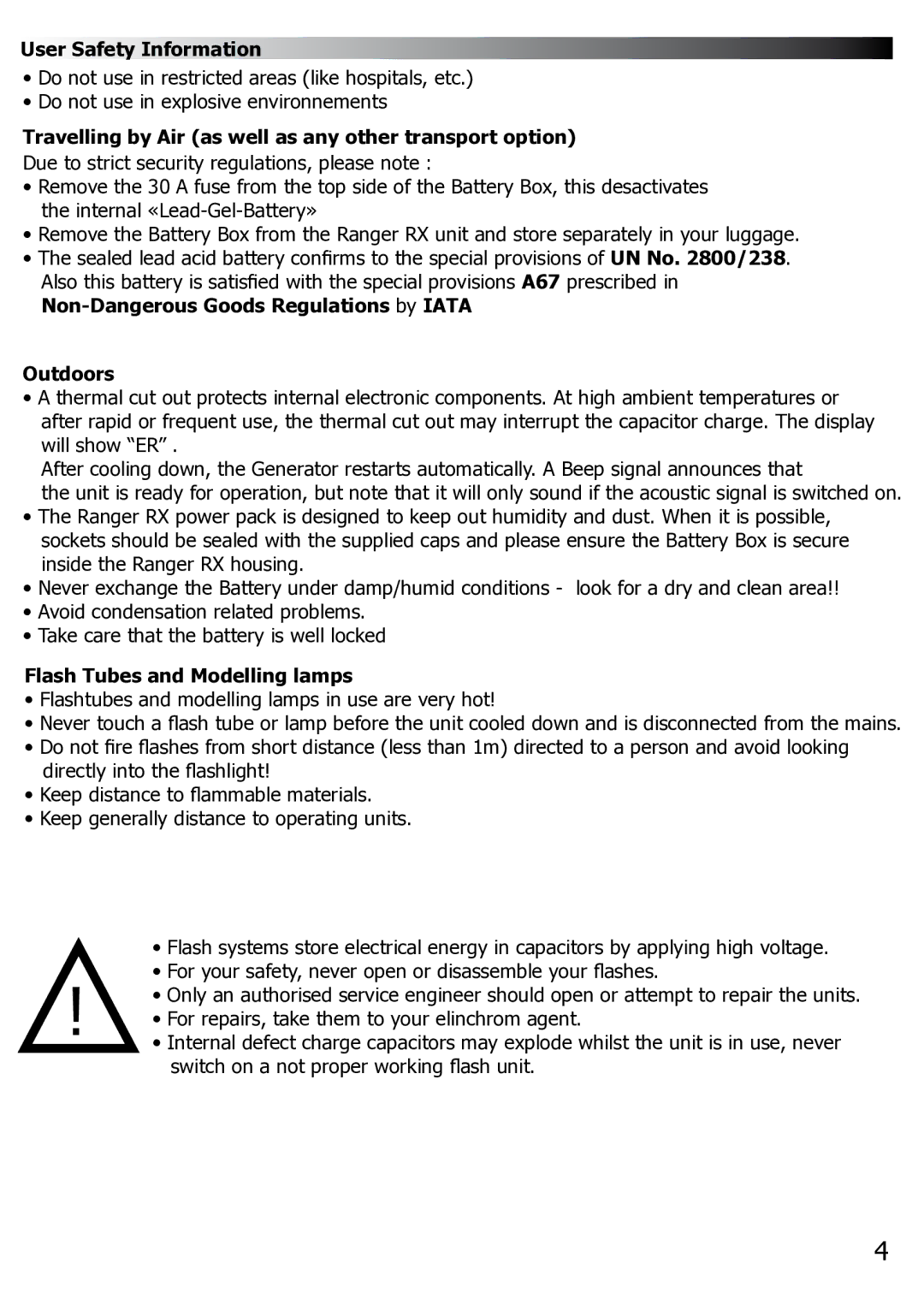 Elinchrom Ranger RX manual User Safety Information, Travelling by Air as well as any other transport option, Outdoors 