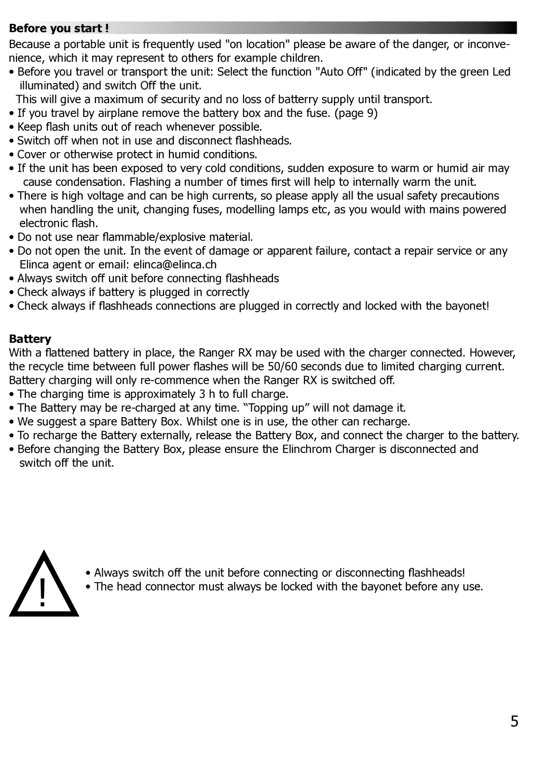 Elinchrom Ranger RX manual Before you start, Battery 