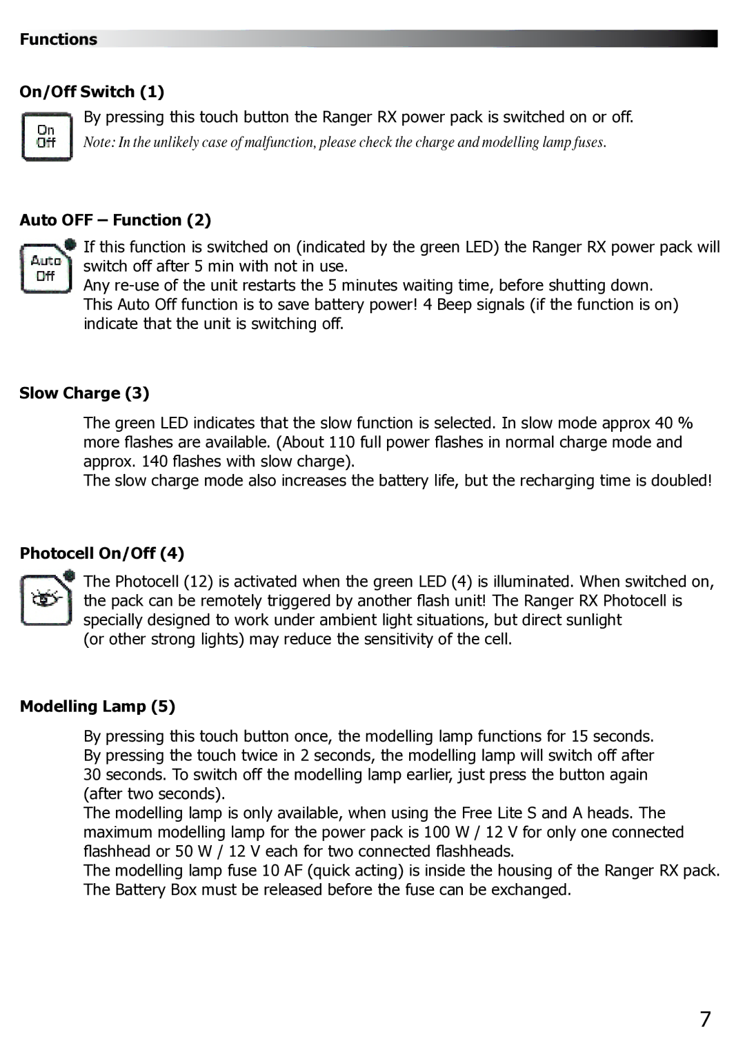 Elinchrom Ranger RX manual Functions On/Off Switch, Auto OFF Function, Slow Charge, Photocell On/Off, Modelling Lamp 