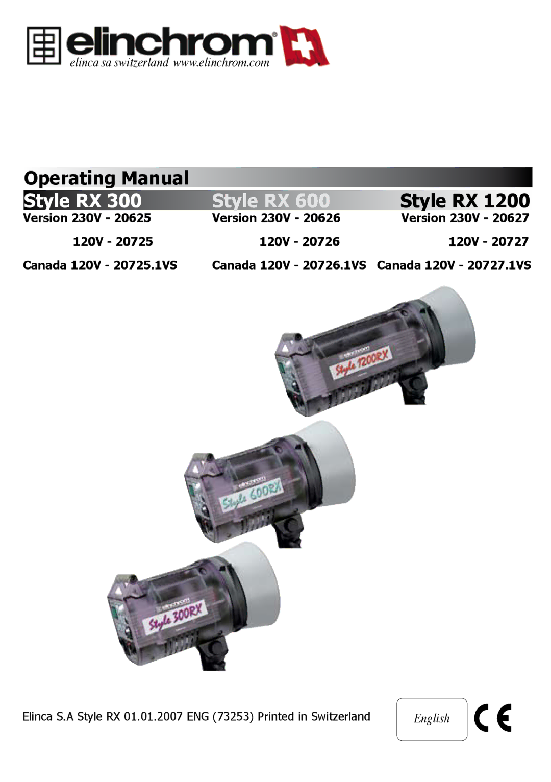 Elinchrom RX 600, RX 1200, RX 300 manual Version 230V, 120V 20726 Canada 120V 20725.1VS 20726.1VS 