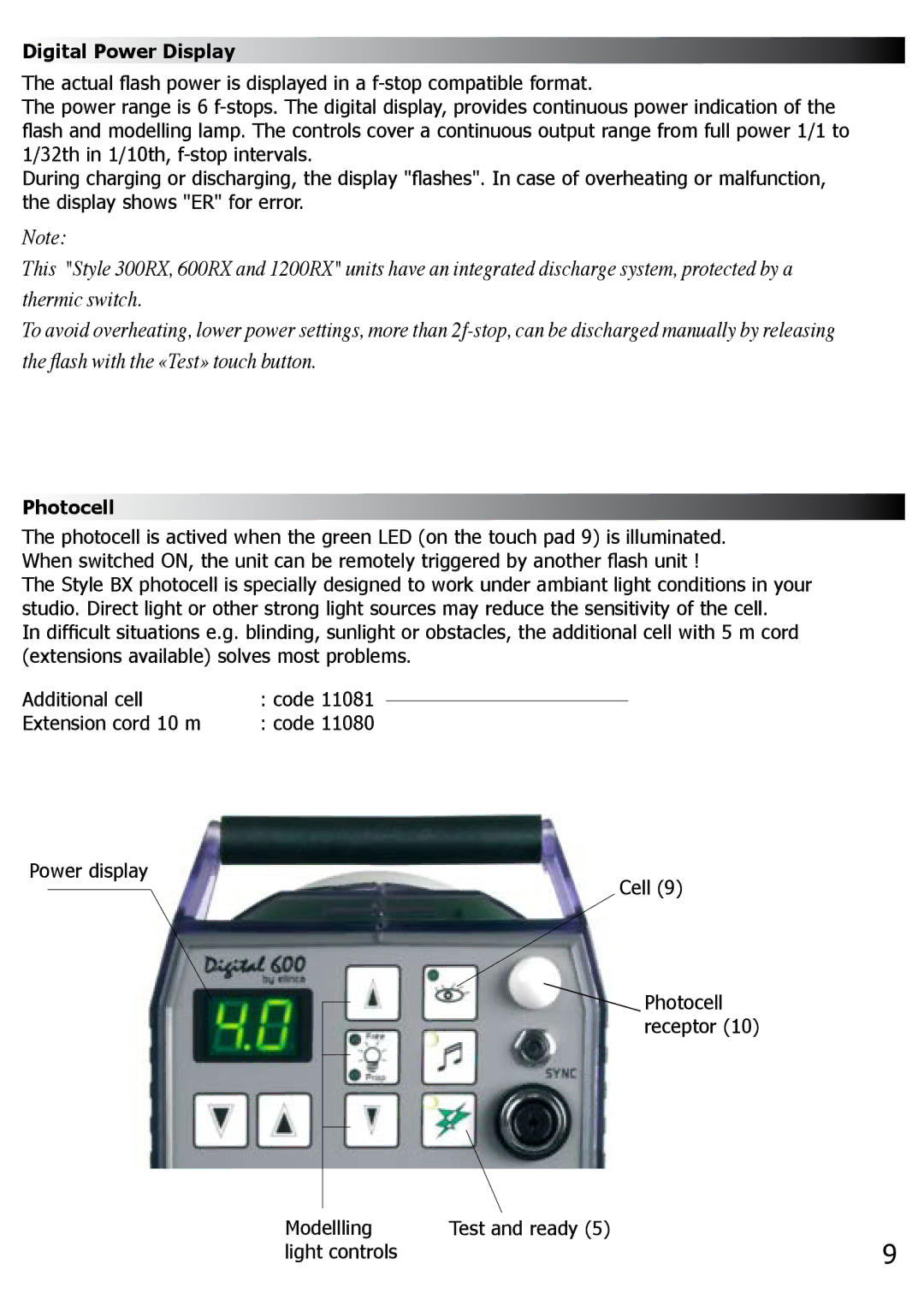 Elinchrom RX 600, RX 1200, RX 300 manual Digital Power Display, Photocell 