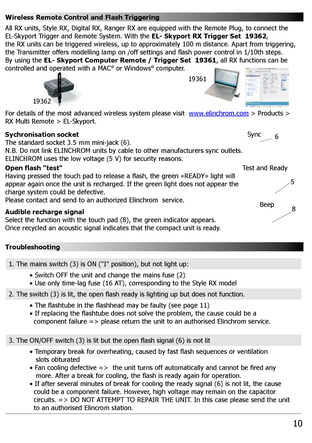 Elinchrom RX 300, RX 1200, RX 600 manual Wireless Remote Control and Flash Triggering, Sychronisation socket, Open flash test 