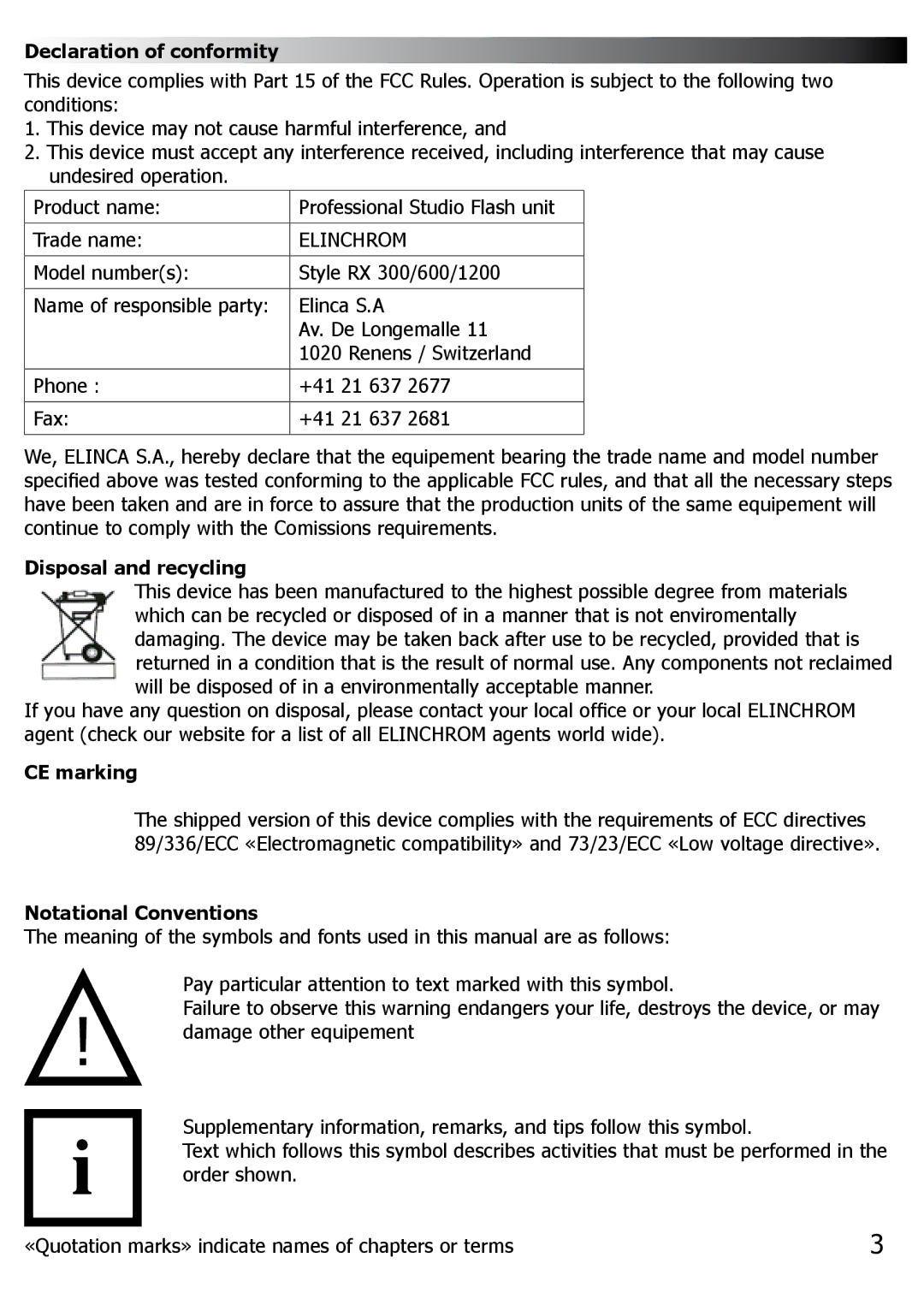 Elinchrom RX 600, RX 1200, RX 300 Declaration of conformity, Disposal and recycling, CE marking, Notational Conventions 