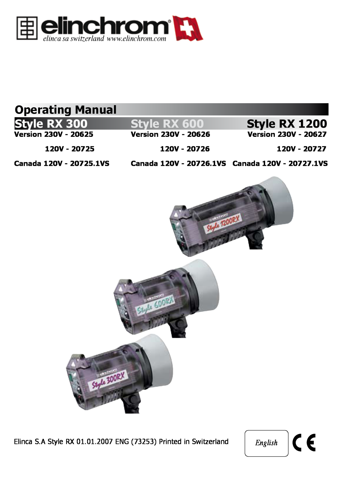 Elinchrom RX 600, RX 1200, RX 300 manual Operating Manual, Style RX, Version, Canada 120V - 20725.1VS, 20726.1VS 